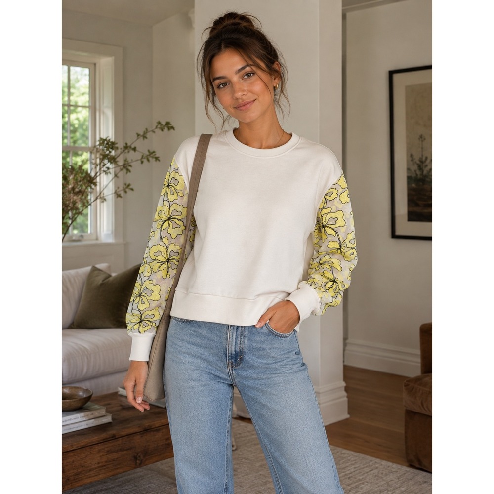 Maje Timothe Blanc Sweatshirt Off White Yellow Floral Sheer Mesh Sleeve Size 1